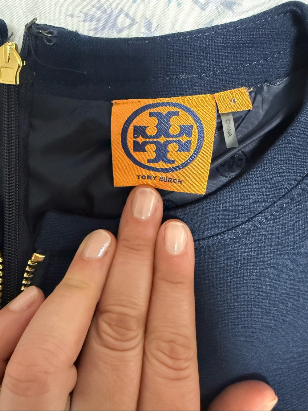 Tory Burch Navy Dress with Gold Zipper and Orange Logo Tag